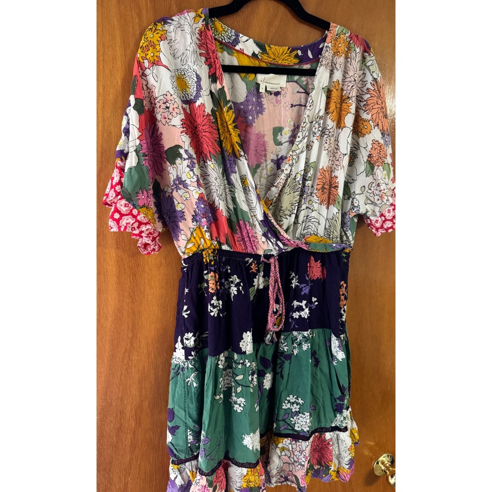 Anthropologie Floral Patchwork Tiered Mini Dress Small Multi Color Modal Boho - Picture 7 of 8